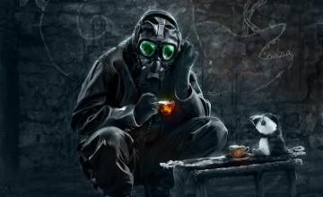 Картинка фэнтези люди человек чашки зелёные столик пингвин рисунки игрушка противогаз