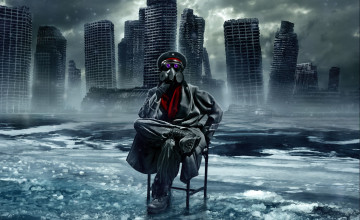 Картинка фэнтези люди человек стул пейзаж руины здания развалины каркасы небо облака серость туман вода лёд