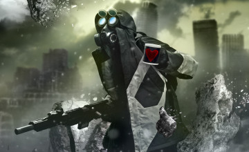 Картинка фэнтези люди камни осколки человек противогаз оружие чашка сердечко красное капюшон туман руины