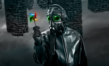 Картинка фэнтези люди руины здания каркасы зелёные куртка перчатки игрушка вертушка противогаз человек