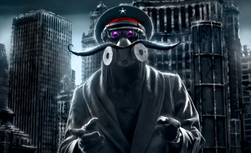 Картинка фэнтези люди серость каркасы усы руины здания звёздочка человек противогаз