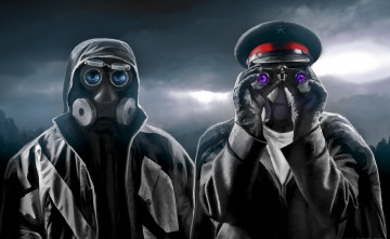 Картинка фэнтези люди тучи облака бинокль небо капюшон противогазы серость