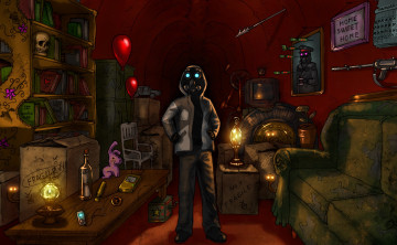 Картинка фэнтези люди человек комната противогаз диван полка книги шары лампы портрет дротики череп игрушка бутылка