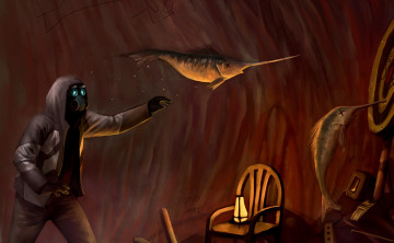 Картинка фэнтези люди человек куртка капюшон рыба мишень стул фонарь пещера