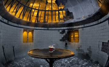 Картинка фэнтези иные+миры +иные+времена небо облака осколки стол комната окна развалины чашка трубочка сердечко