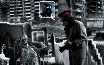 Картинка фэнтези люди человек противогаз плащ воспоминания развалины шляпка скелет