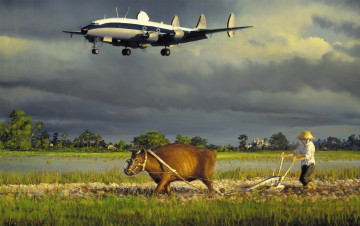 Картинка рисованные живопись корова рисунок деревня пастух самолёт