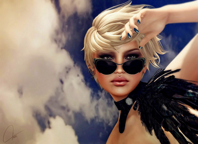 Обои картинки фото 3д графика, people , люди, небо, очки, взгляд, девушка, облака