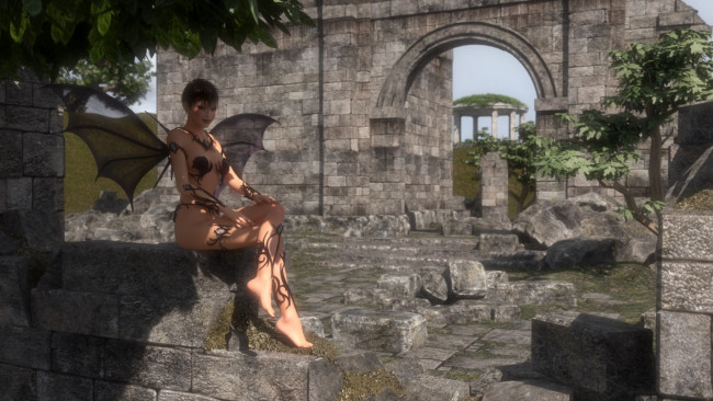 Обои картинки фото 3д графика, creatures , существа, демон, руины, девушка