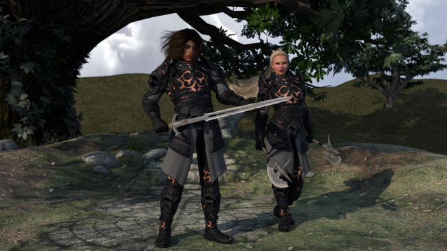 Обои картинки фото 3д графика, fantasy , фантазия, девушка, мужчина, оружие