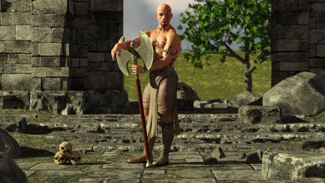 Обои картинки фото 3д графика, fantasy , фантазия, воин, черепа, оружие