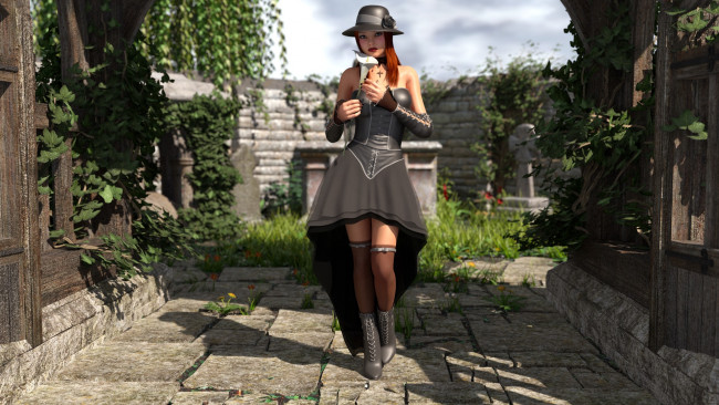 Обои картинки фото 3д графика, people , люди, платье, взгляд, цветок, шляпа, девушка