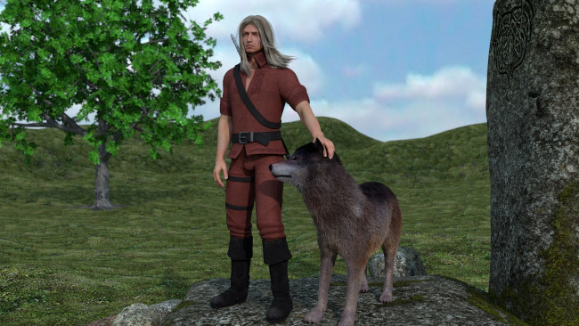 Обои картинки фото 3д графика, people , люди, природа, волк, мужчина