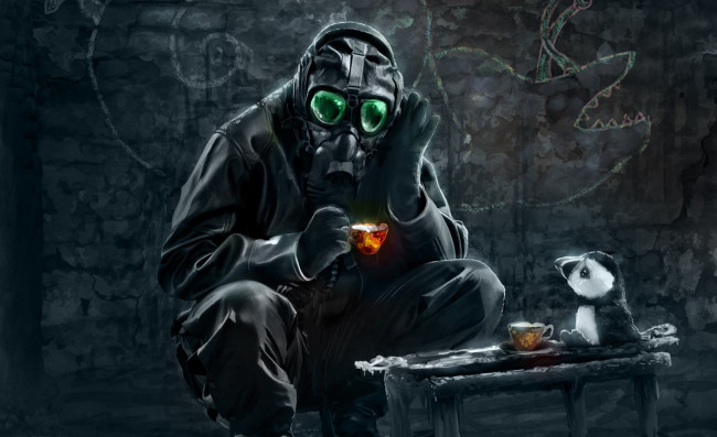 Обои картинки фото фэнтези, люди, человек, чашки, зелёные, столик, пингвин, рисунки, игрушка, противогаз