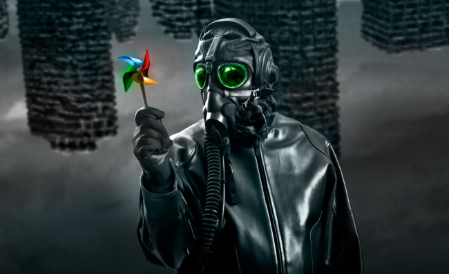 Обои картинки фото фэнтези, люди, руины, здания, каркасы, зелёные, куртка, перчатки, игрушка, вертушка, противогаз, человек