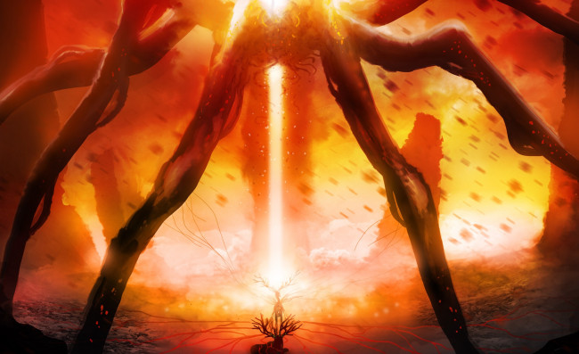 Обои картинки фото фэнтези, существа, сияние, луч, олень, осколки, монстр