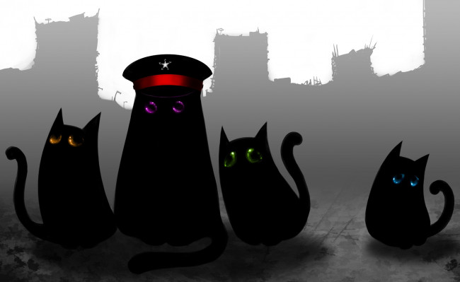 Обои картинки фото фэнтези, существа, силуэты, зелёные, чёрные, фиолетовые, жёлтые, глаза, коты, развалины, голубые