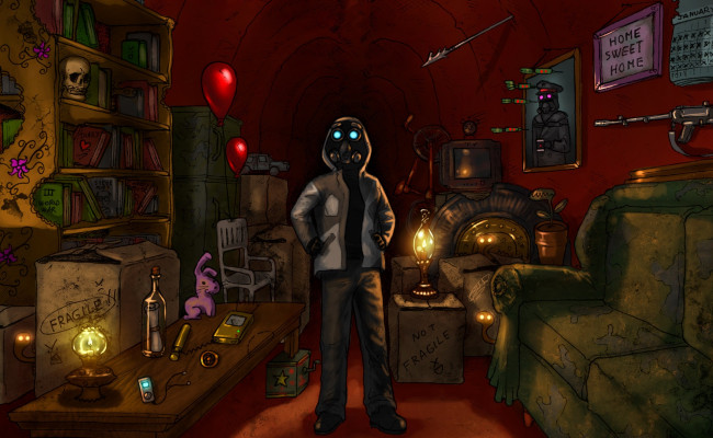 Обои картинки фото фэнтези, люди, человек, комната, противогаз, диван, полка, книги, шары, лампы, портрет, дротики, череп, игрушка, бутылка