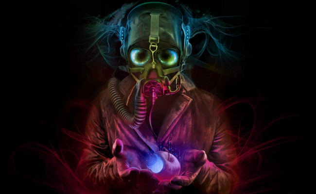 Обои картинки фото фэнтези, магия, перчатки, противогаз, куртка, компьютерный, дизайн, очки, яблоко, человек