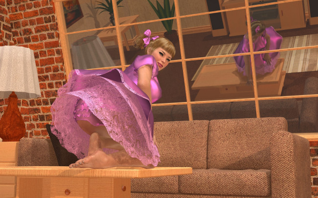 Обои картинки фото 3д графика, people , люди, девушка, диван, стол, взгляд, улыбка