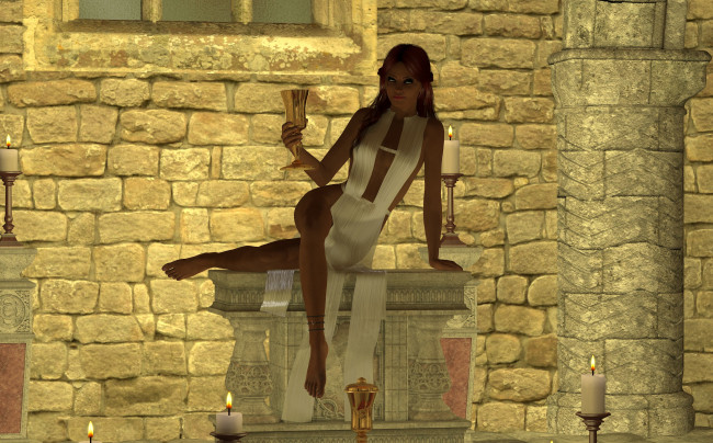 Обои картинки фото 3д графика, people , люди, девушка, взгляд, свеча, чаша