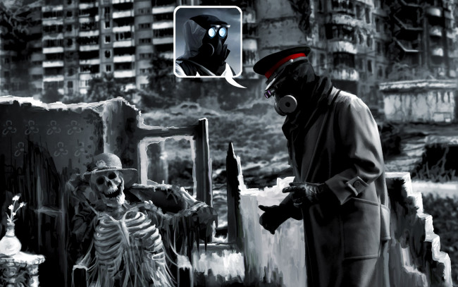 Обои картинки фото фэнтези, люди, человек, противогаз, плащ, воспоминания, развалины, шляпка, скелет