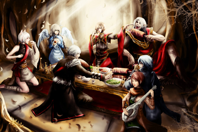 Обои картинки фото фэнтези, эльфы, ангелы, угощения, стол, вампиры