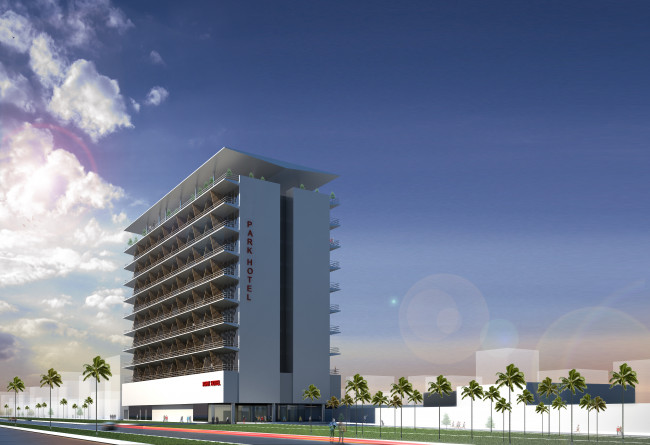 Обои картинки фото 3д графика, architecture , архитектура, пальмы, улица, дом, облака