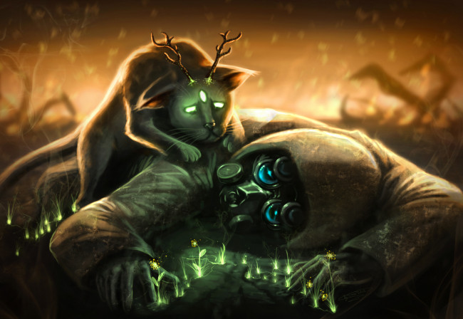 Обои картинки фото фэнтези, люди, человек, кот, рожки, три, глаза, противогаз, куртка, капюшон, растения, сияние