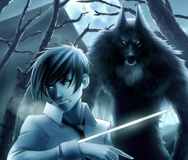 Картинка разное арты парень оборотень ночь лезвие клинок полнолуние луна фантастика волк