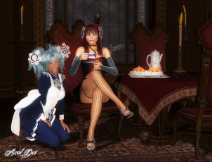 Картинка 3д+графика люди+ people чайник фон взгляд девушки свеча стол