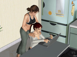 Картинка 3д+графика люди+ people девушки взгляд фон стол интерьер компьютер