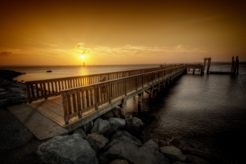 Картинка природа восходы закаты океан берег горизонт мостик заря