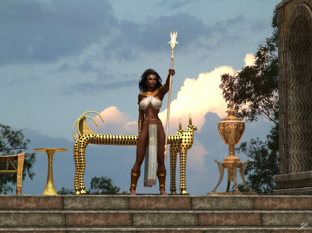 Обои картинки фото 3д графика, амазонки , amazon, взгляд, девушка, шест, фон