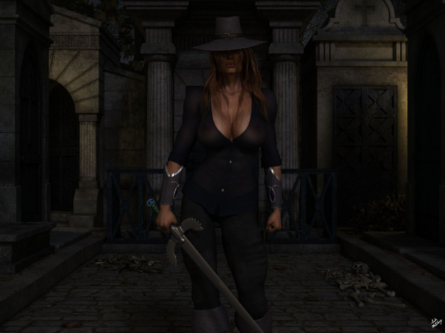 Обои картинки фото 3д графика, фантазия , fantasy, девушка, взгляд, фон, меч