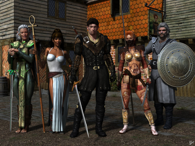 Обои картинки фото 3д графика, фантазия , fantasy, девушки, взгляд, фон, оружие, мужчины, воины