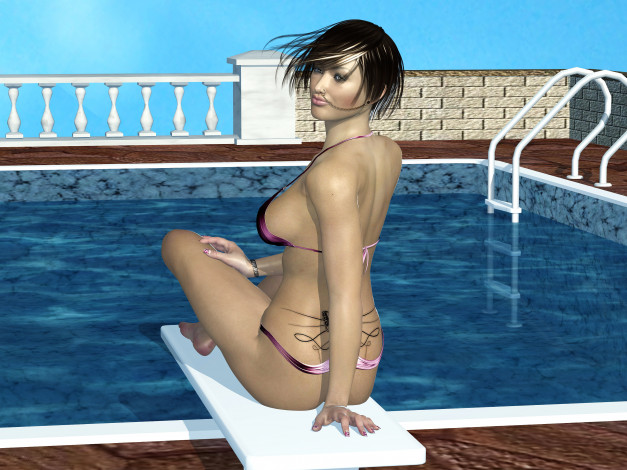 Обои картинки фото 3д графика, люди , people, бассейн, фон, взгляд, девушка