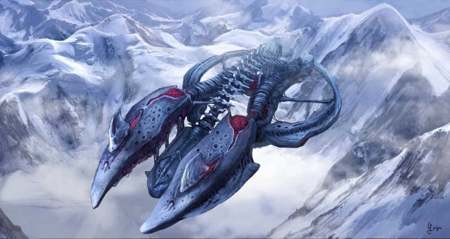 Обои картинки фото фэнтези, космические корабли,  звездолеты,  станции, арт, корабль, полет, горы, снег