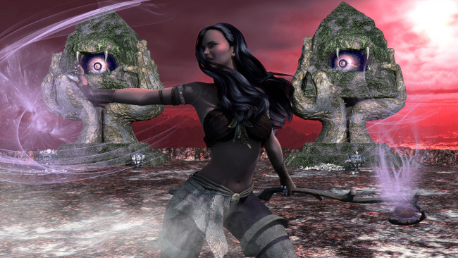 Обои картинки фото 3д графика, фантазия , fantasy, девушка, взгляд, фон, оружие, магия