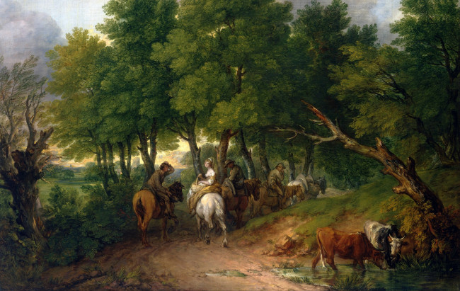 Обои картинки фото рисованное, живопись, thomas, gainsborough, road, from, market, картина, пейзаж, дорога, деревья, люди, лошади, корова