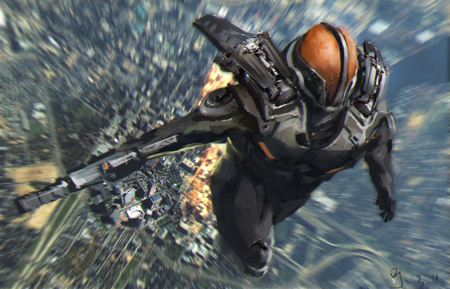 Обои картинки фото фэнтези, роботы,  киборги,  механизмы, арт, девушка, демоница, рожки, зверек, кулон, красные, глаза