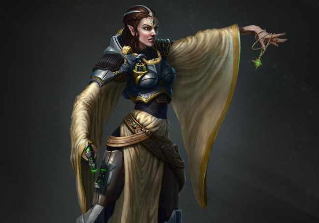 Обои картинки фото фэнтези, эльфы, девушка, эльфийка, амулет, оружие, фон