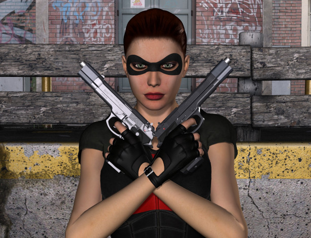 Обои картинки фото 3д графика, фантазия , fantasy, фон, оружие, взгляд, девушка