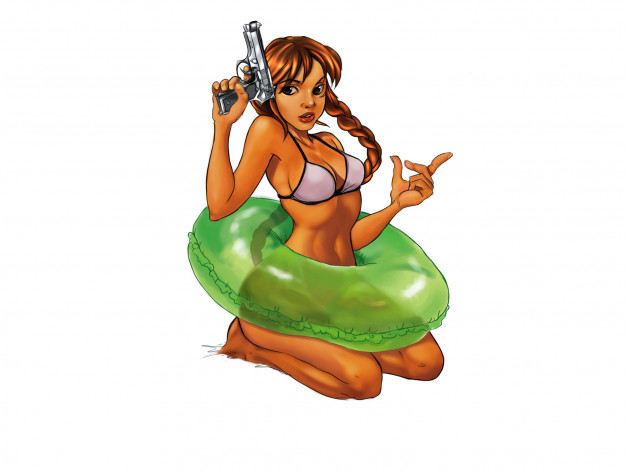 Обои картинки фото рисованное, люди, круг, пистолет, купальник, взгляд, фон, девушка