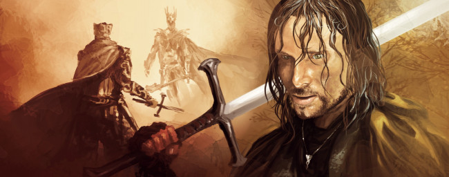 Обои картинки фото рисованное, кино, фон, мужчина, меч, взгляд