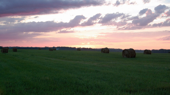 Обои картинки фото природа, луга, облака, небо, трава, стога