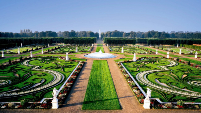 Обои картинки фото природа, парк, фонтан, скульптуры, клумбы, аллеи, дизайн, ландшафтный