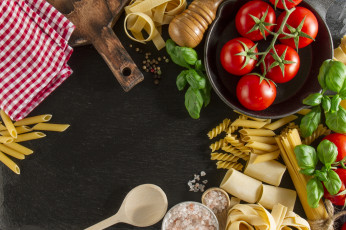 Картинка еда макаронные+блюда макароны базилик помидоры томаты