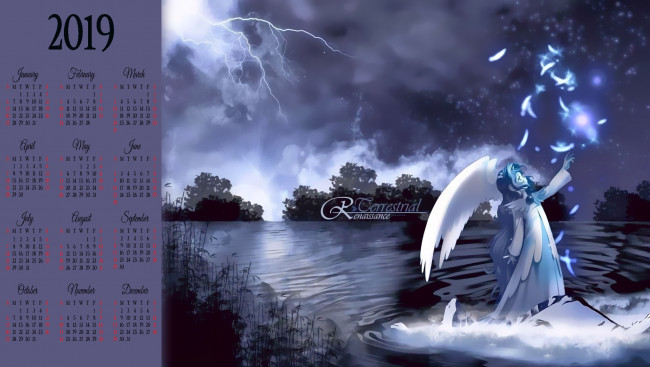Обои картинки фото календари, аниме, перо, водоем, крылья, девушка, ангел