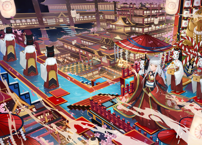 Обои картинки фото аниме, город,  улицы,  интерьер,  здания, девушки, маски